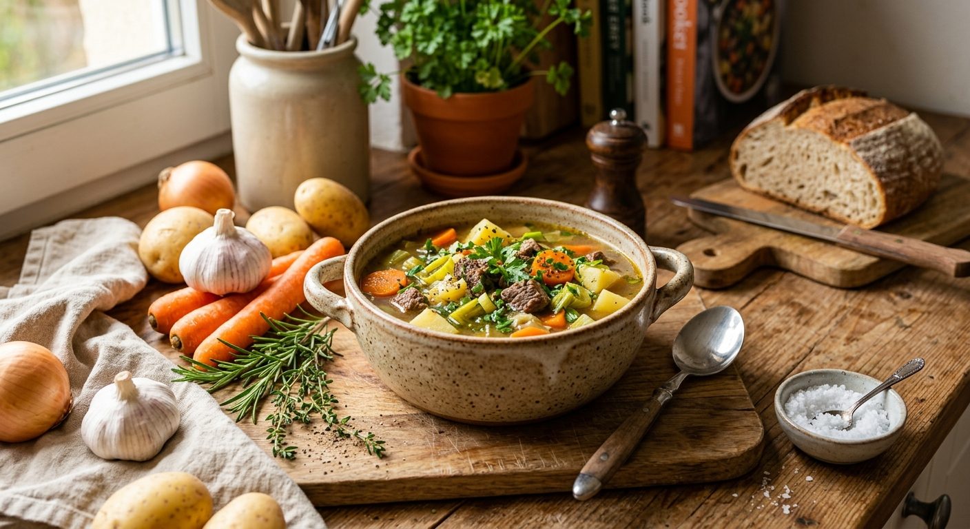 Kartoffeln, Zwiebeln, Knoblauch, Karotten und Rosmarin auf einem Küchentisch.